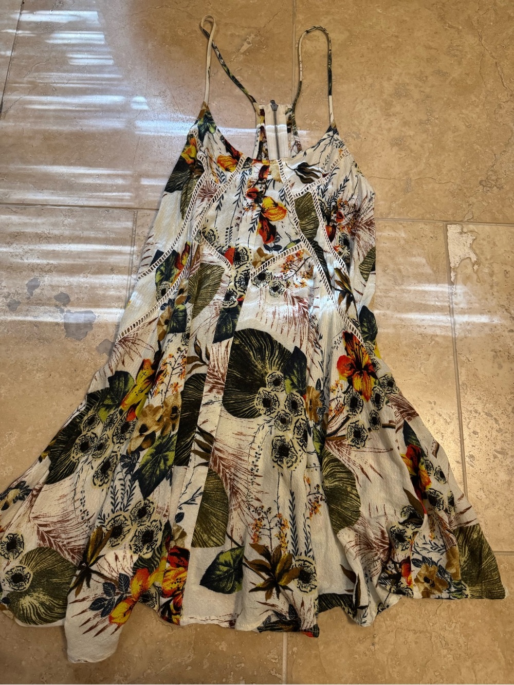 Sun & Shadow Floral Mini Dress in White with Green and Yellow Accents